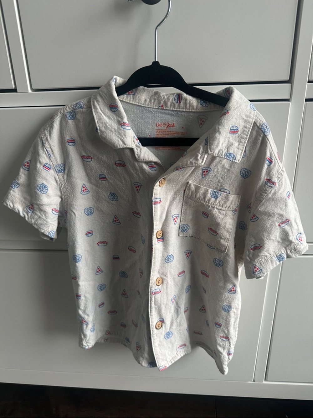 Cat & Jack Cream Short-Sleeve Button-Down with patterns pizza, pretzel, burger
